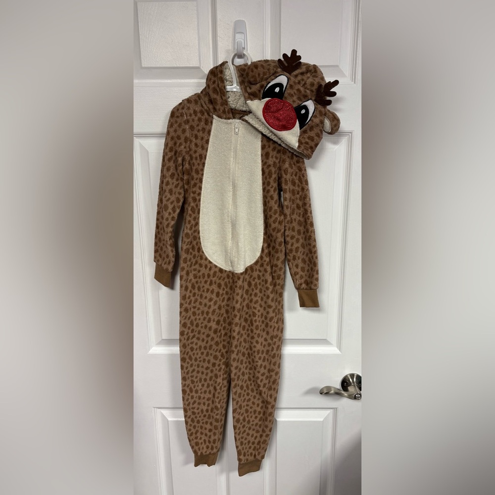 George Reindeer Hooded Pajama Onesie, Girl Size 6, Christmas Pyjama Onesie